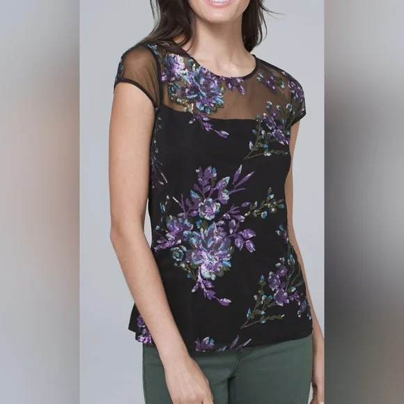 EUC Romantic Sequin Flower Tee from White House Black Market Size M - Picture 2 of 10